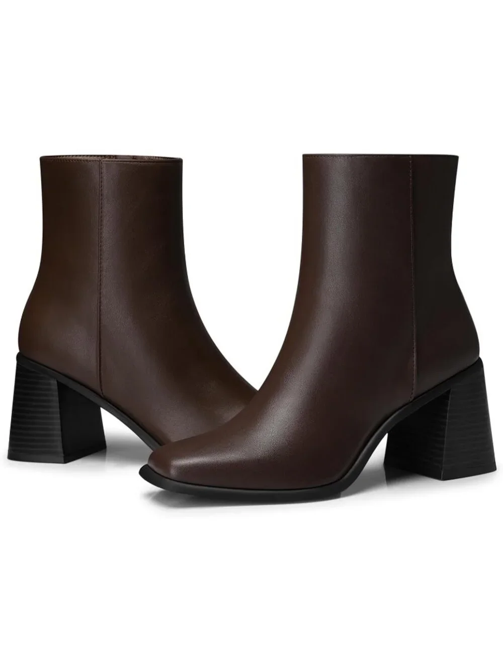 Women's Brown Suede Square Toe Comfortable Chunky Heel Faux Leather Ankle Boots